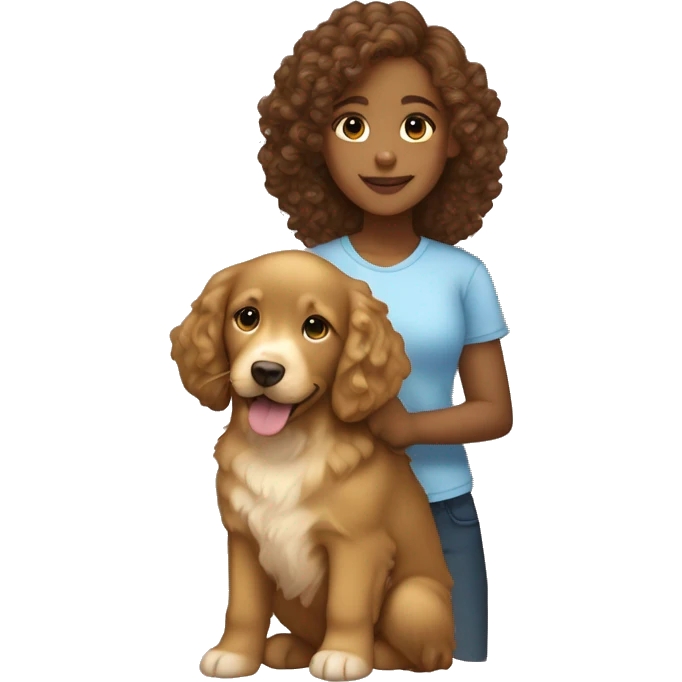 Light brown skinned girl with brown curly hair with a golden retriever puppy emoji