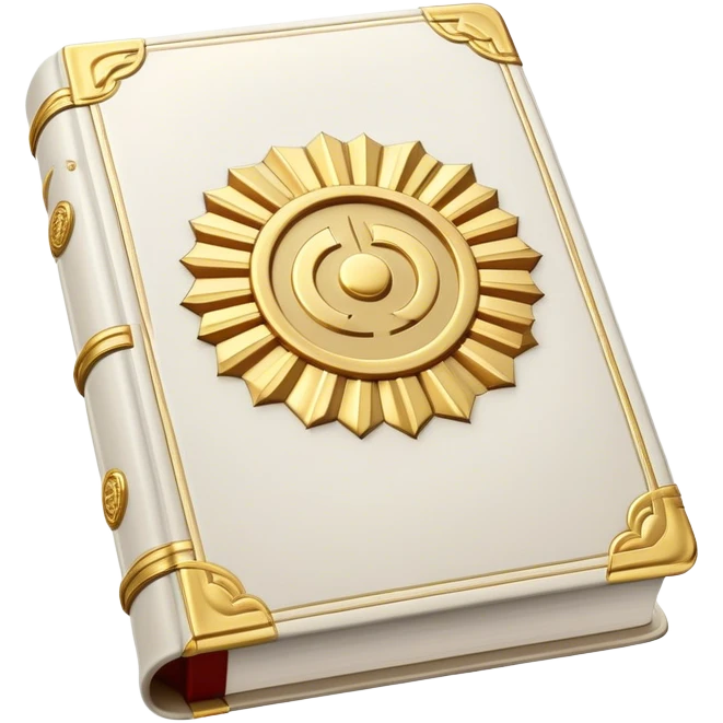 A white leather book with golden accents, smooth and polished, embossed with a symbol of six pillars,, radiating strength, confidence, and the power of self-worth.  emoji