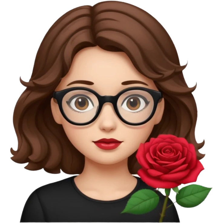 Una ragazza con capelli castani mossi e indossi occhiali neri e con una piccola rosa in testa emoji
