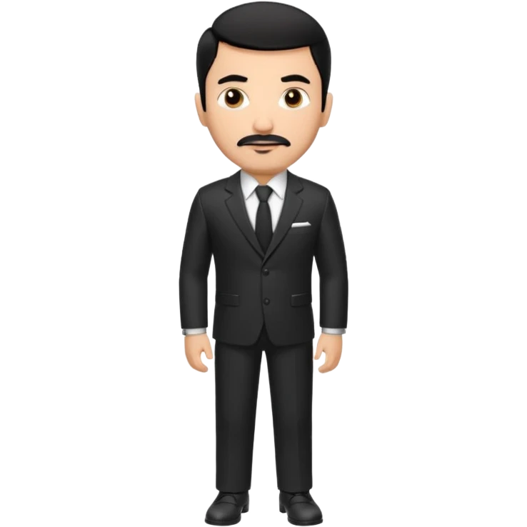 Roupa: terno preto moderno e bem ajustado, com camisa social branca sem gravata (para dar um ar mais contemporâneo), cinto de couro preto e relógio prateado. Tom de pele: médio quente
Cabelos: curtos e bem penteados PRETOS
Rosto: com bigode e cavanhaque leve, expressão firme e confiante. PRETOS emoji