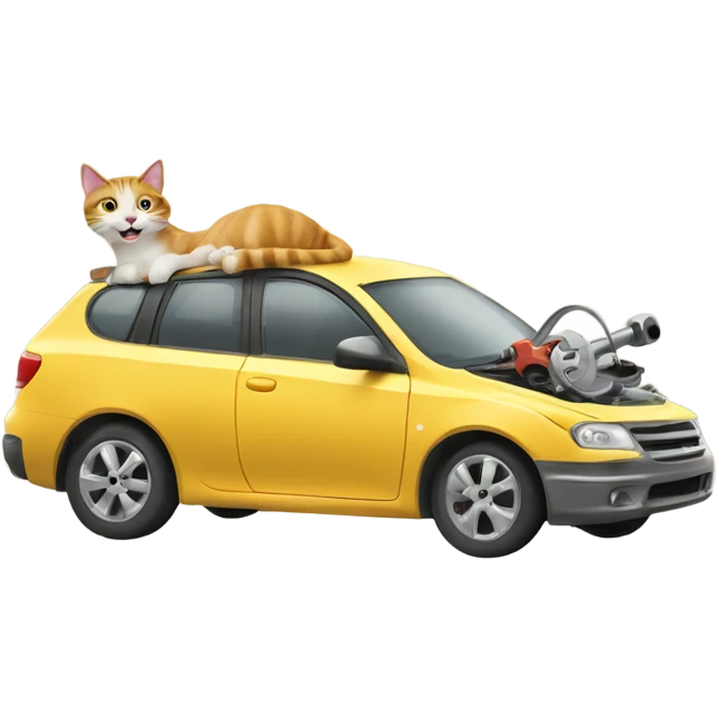 A cartoon emoji-style car with a cat sitting on the open hood, holding a wrench and smiling emoji