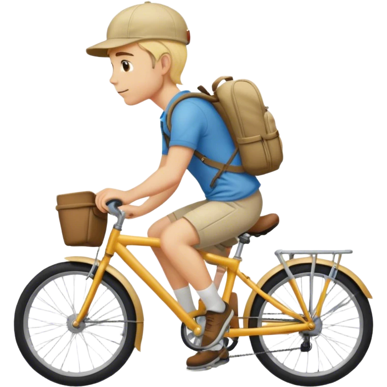 A blond guy in a cap and with a backpack on his back is riding a bike emoji