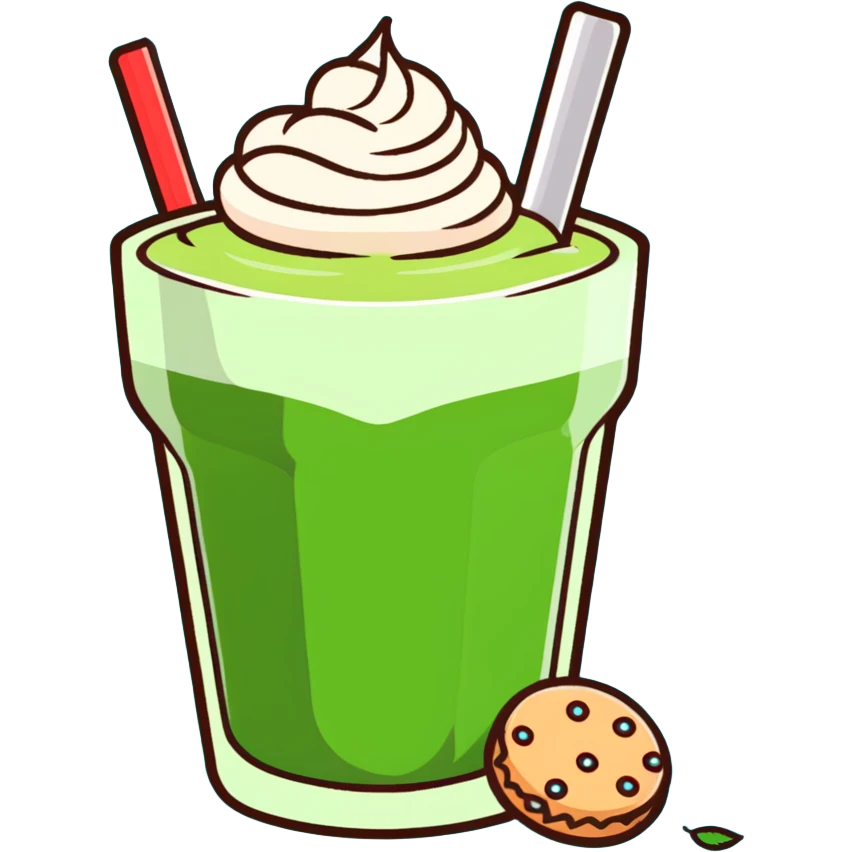 matcha latte in warm olive-brown tones with leaf detail, cute cookie beside it, soft dreamy emoji