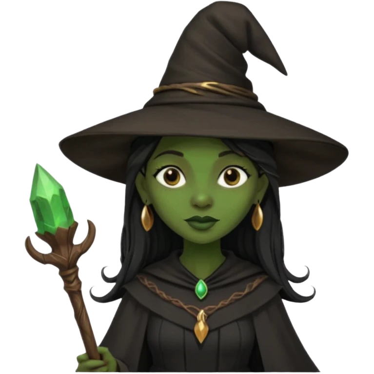 ведьма-африканка с зеленой кожей с широким носом в черном платье и черной ведьминской шляпе с посохом и длинными черными волосами  emoji