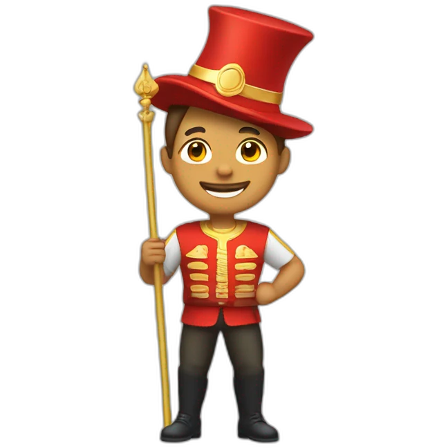 Design a full-body emoji of a strong man with a confident smile, dressed in red and gold, wearing a New Year's hat, and holding a small flag. emoji