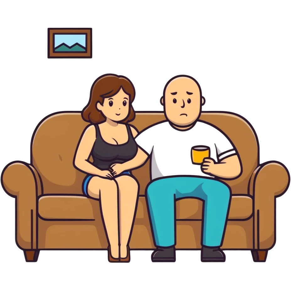 One Caucasian woman with brown hair big boobs sitting on a couch with a bald man emoji