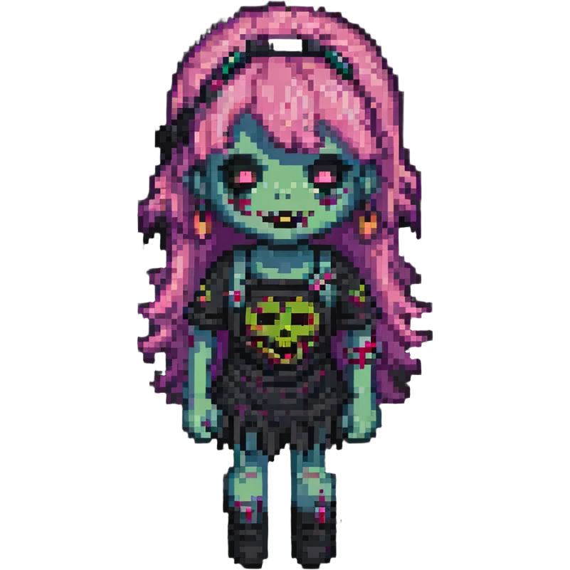 girl zombie with pink hair and bangs, pixel art style emoji