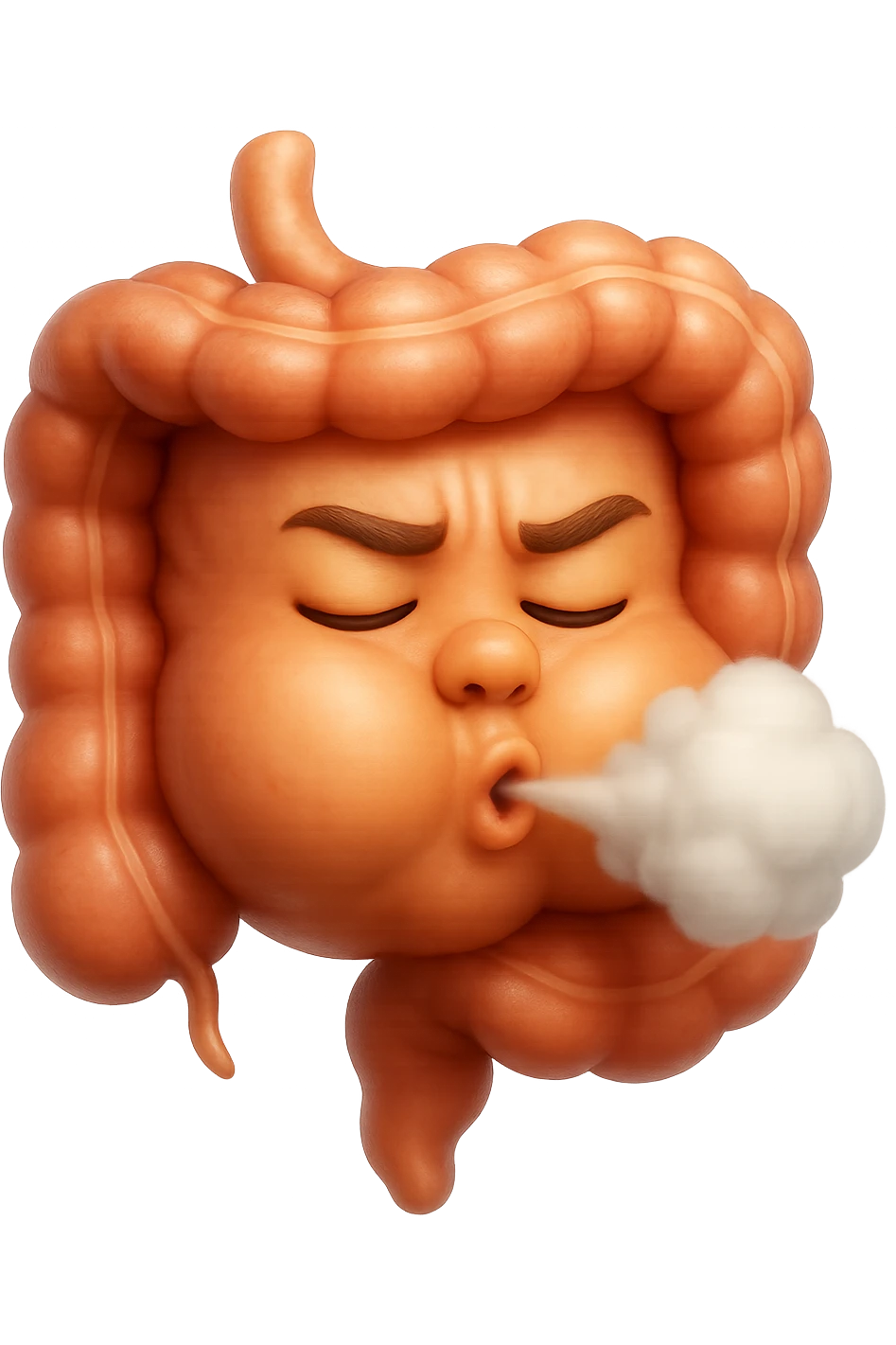 emoji stile iphone di un intestino che ingoia una nuvoletta di aria ben visibile e gli si gonfia la pancia, non fargli il naso, iperrealistico 4k emoji