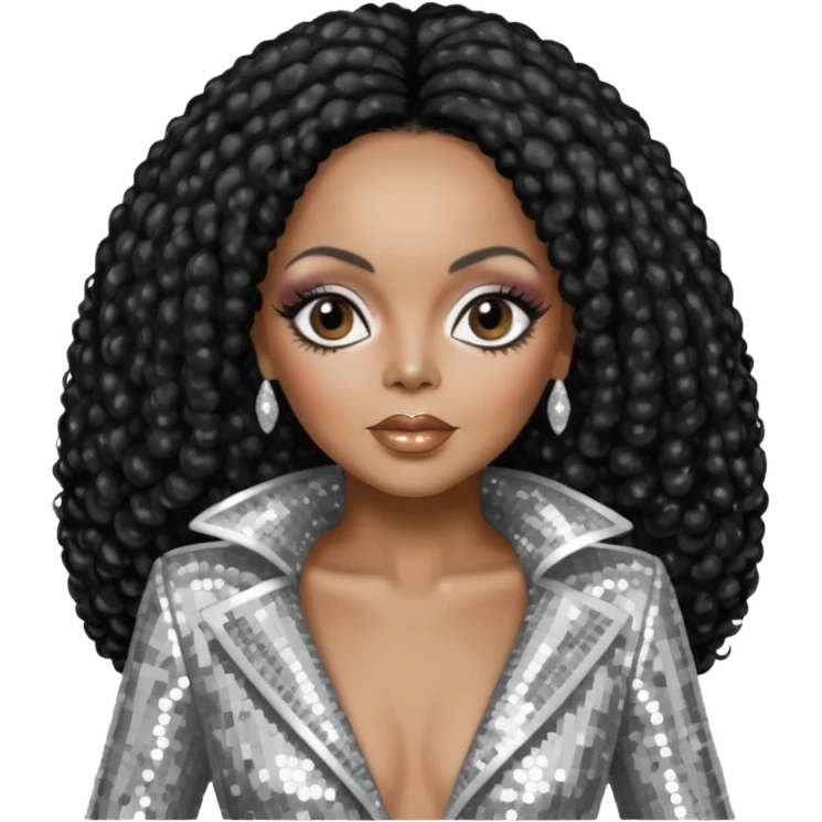 Diana Ross, black hair, silver outfit emoji