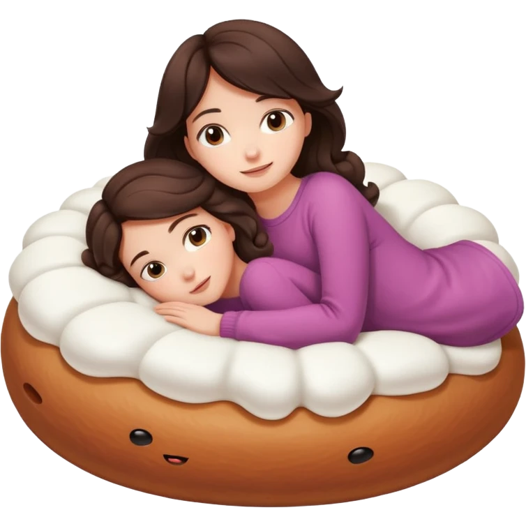 brunette girl curled up on a giant marshmallow bed emoji