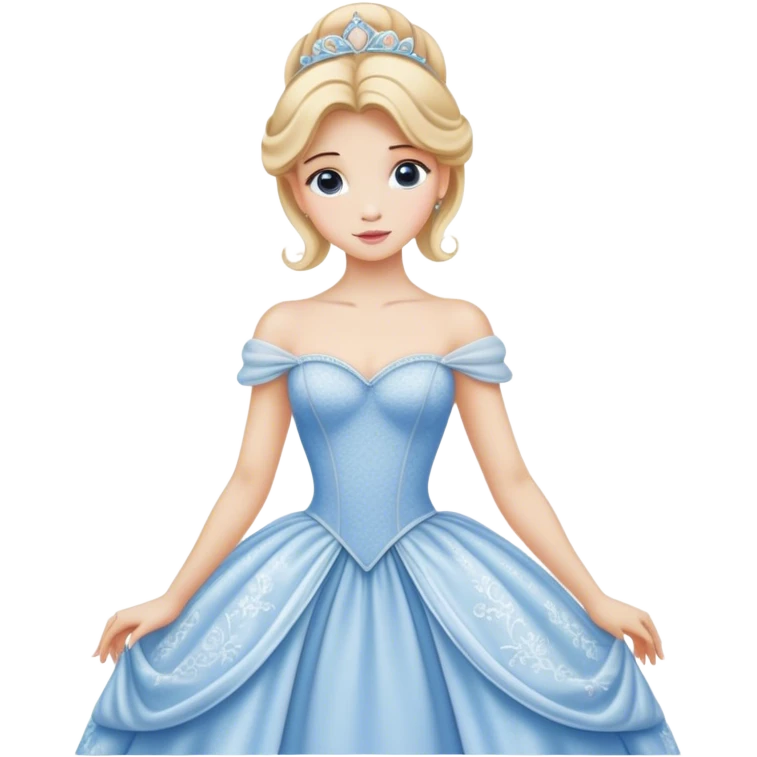 Cinematic Realistic Cinderella Portrait, depicted with lifelike porcelain skin, elegantly styled blonde hair, and a serene, graceful expression. Dressed in her classic ball gown with intricately detailed fabric textures and delicate pastel hues that catch soft, natural lighting, this portrait captures the timeless beauty of a fairy tale princess. emoji