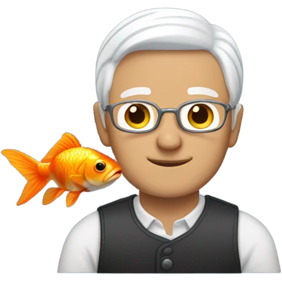 Man with white hair holding a goldfish emoji