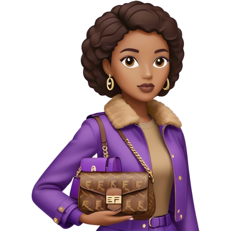 Beautiful black woman wearing a brown monogram Fendi jacket and carrying a purple Fendi baguette bag. I want the image to start at her head and end at the waist emoji