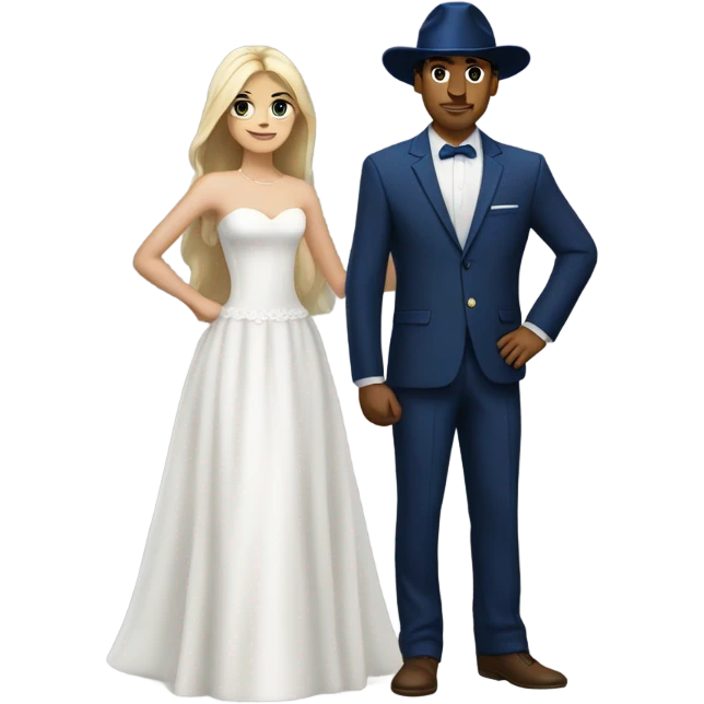 Puerto rican beard short hair with blue hat and navy blue suit getting Married with blond long hair girl with white  wedding dress  emoji