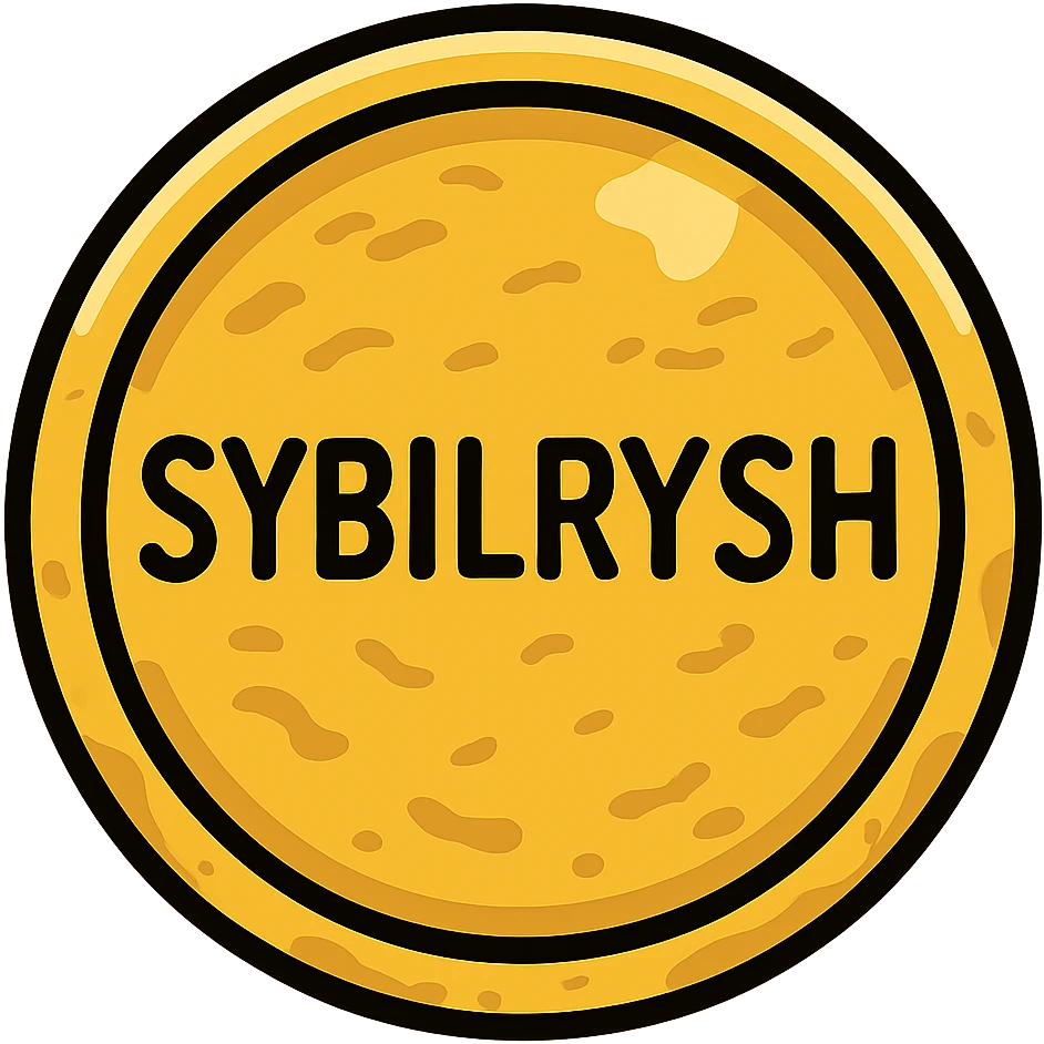 A richly textured gold coin with the text "SYBILRYSH" inscribed in the center. The coin has a raised rim, detailed gold texture with highlights and shadows to show the metallic surface. emoji
