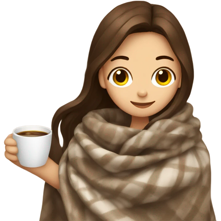 Brown hair Girl drinking coffee, with a cozy blanket emoji