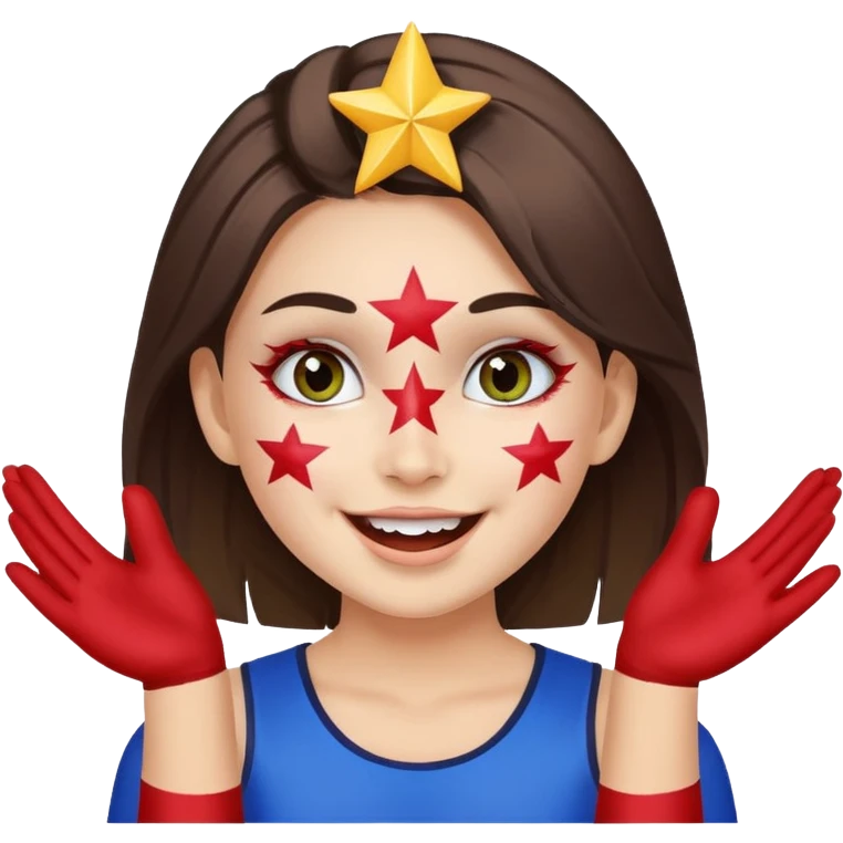 A girl with star-shaped face paint on her cheeks, cheering with bright eyes. emoji
