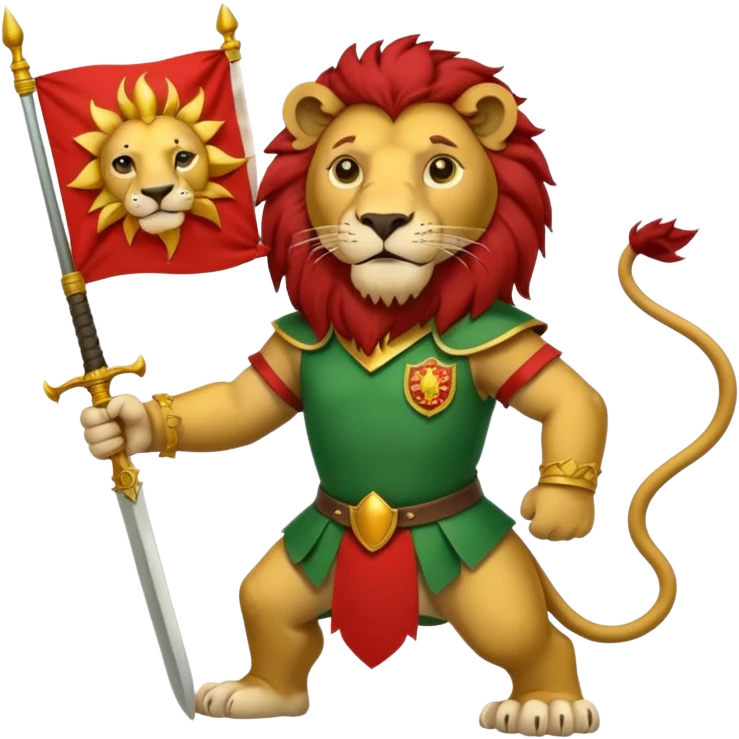 پرچم شیر و خورشید رو بساز پرچم سبز و سفید و قرمز سبز بالا سفید وسط و قرمز پایین و در وسط پرچم یعنی تو بخش سفید یک  شیر باشه که در دستش شمشیر است و پست شیر تویه همون بخش یک خورشید است  emoji