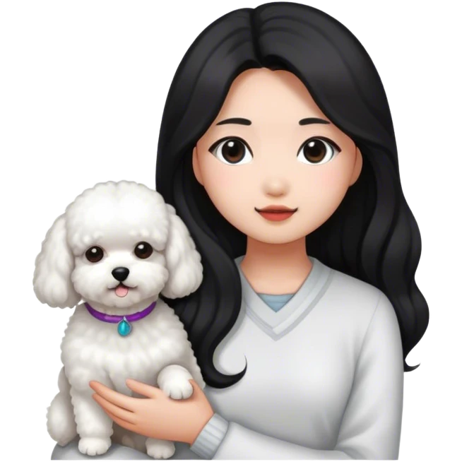 Asian girl with dark, long hair and a bichon emoji