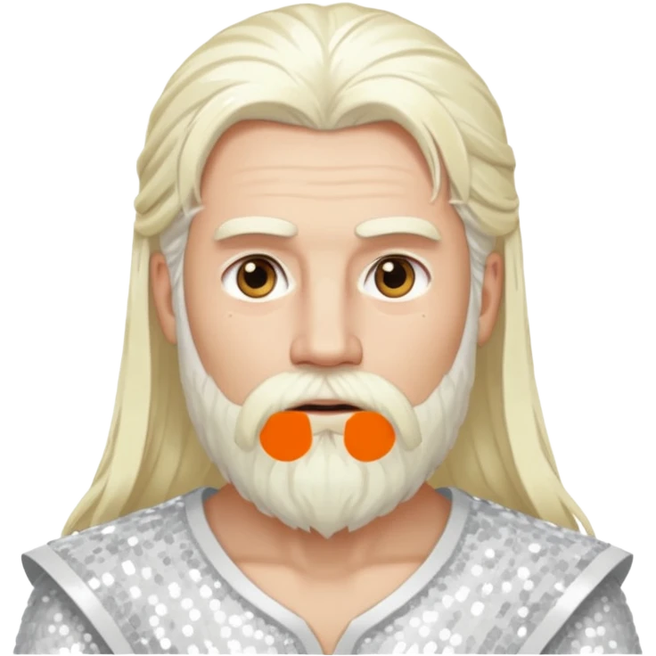 Baldr, God of Light with long white blonde hair and beard, white sequin outfit emoji