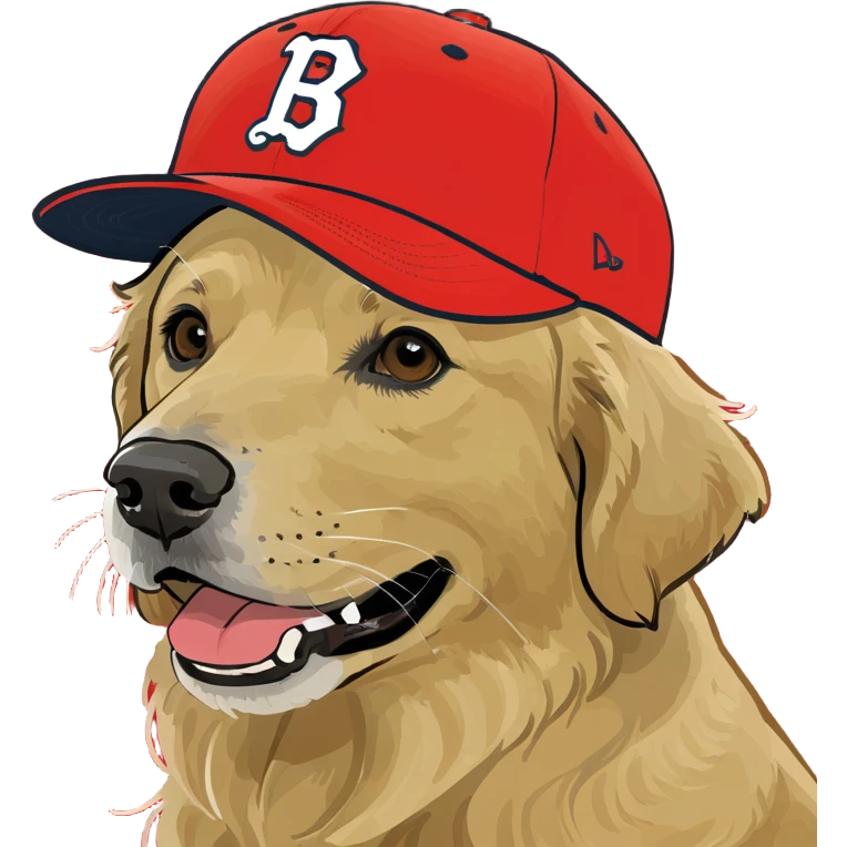 Golden Retriever with red baseball cap with his name , FRED emoji