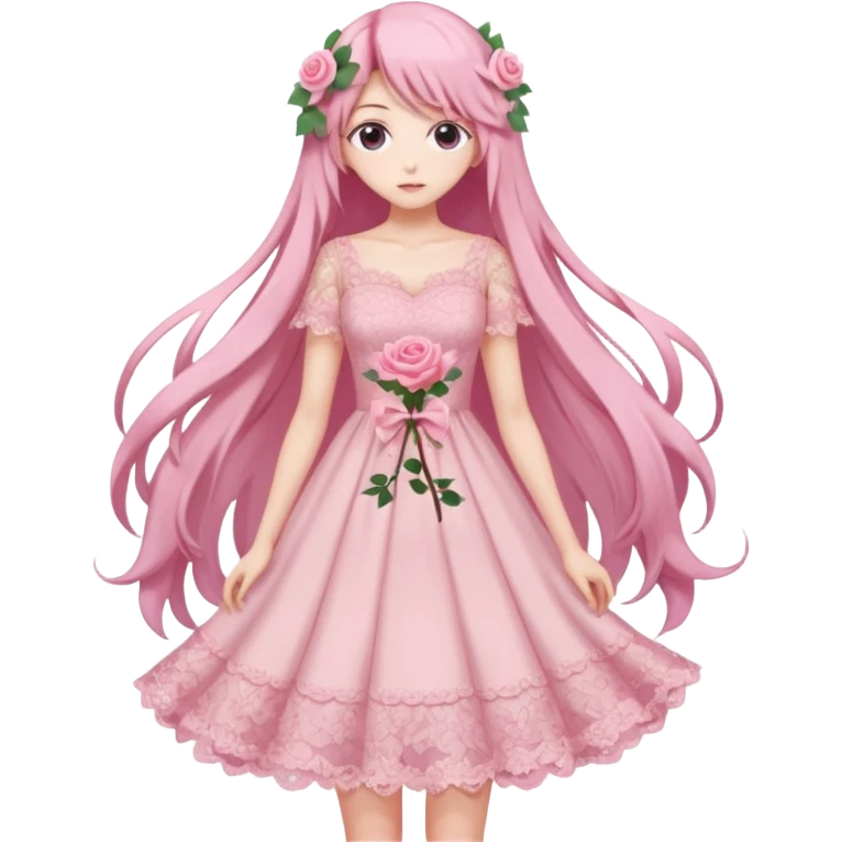 pastel anime woman with pink roses lace dress full body emoji