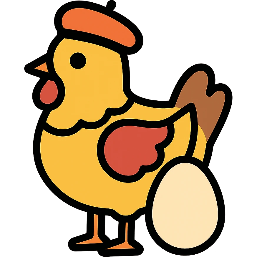 a chicken with a beret and an egg, colorful outlined icon style emoji