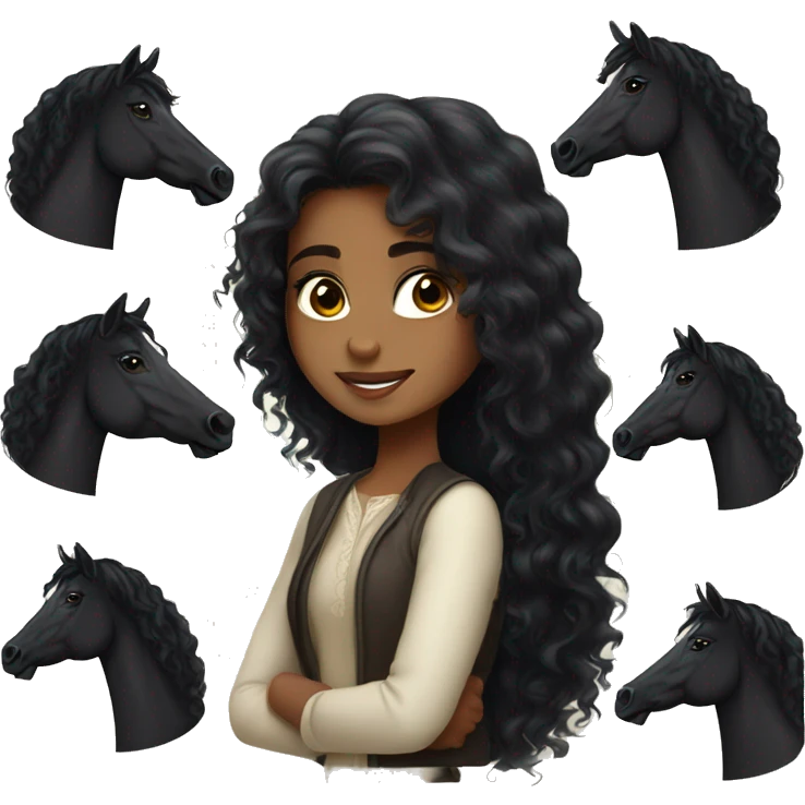 Saudi girl with a long black curly hair and beautiful black Arabian horse  emoji