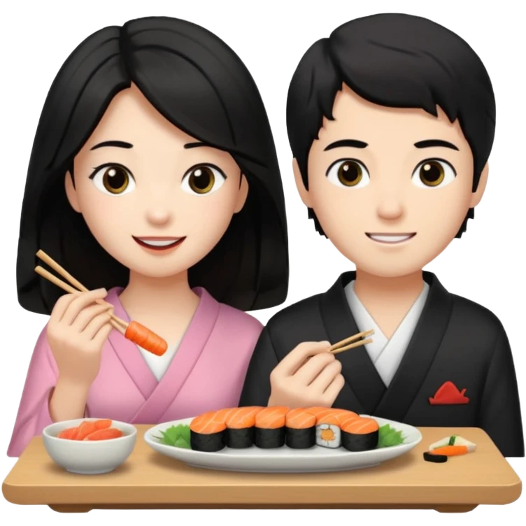 czarnowłosa ksieżniczka w dlugich wlosach je sushi z chłopakiem o czarno brązowych włosach i są zadowoleni i są nastolatkami i te włosy są lekko krecone i chłopak ma włosy do wysokosi nad brwiami emoji