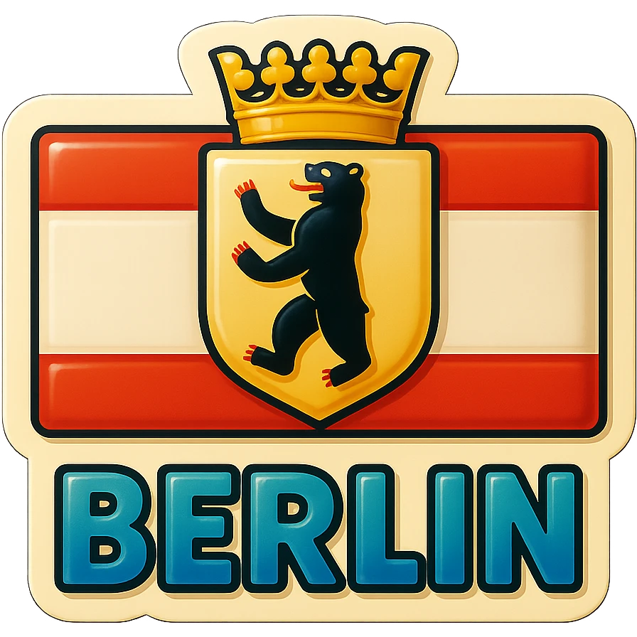 Create an icon for Berlin with a rectangular flag background that is white with red stripes. Center the Berlin coat of arms featuring a bear with a crown. The style should be less cartoonish and match the retro stickers style. Maintain exactly the same format and proportions as the referenced Brandenburg icon. No text or label included. emoji