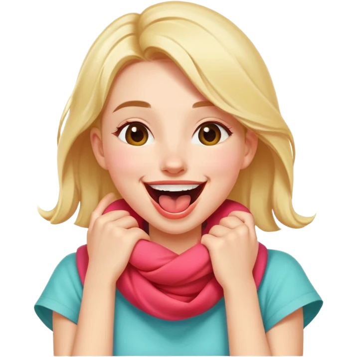 bright and playful girl with her hands wrapped around her own neck, laughing, tongue out emoji
