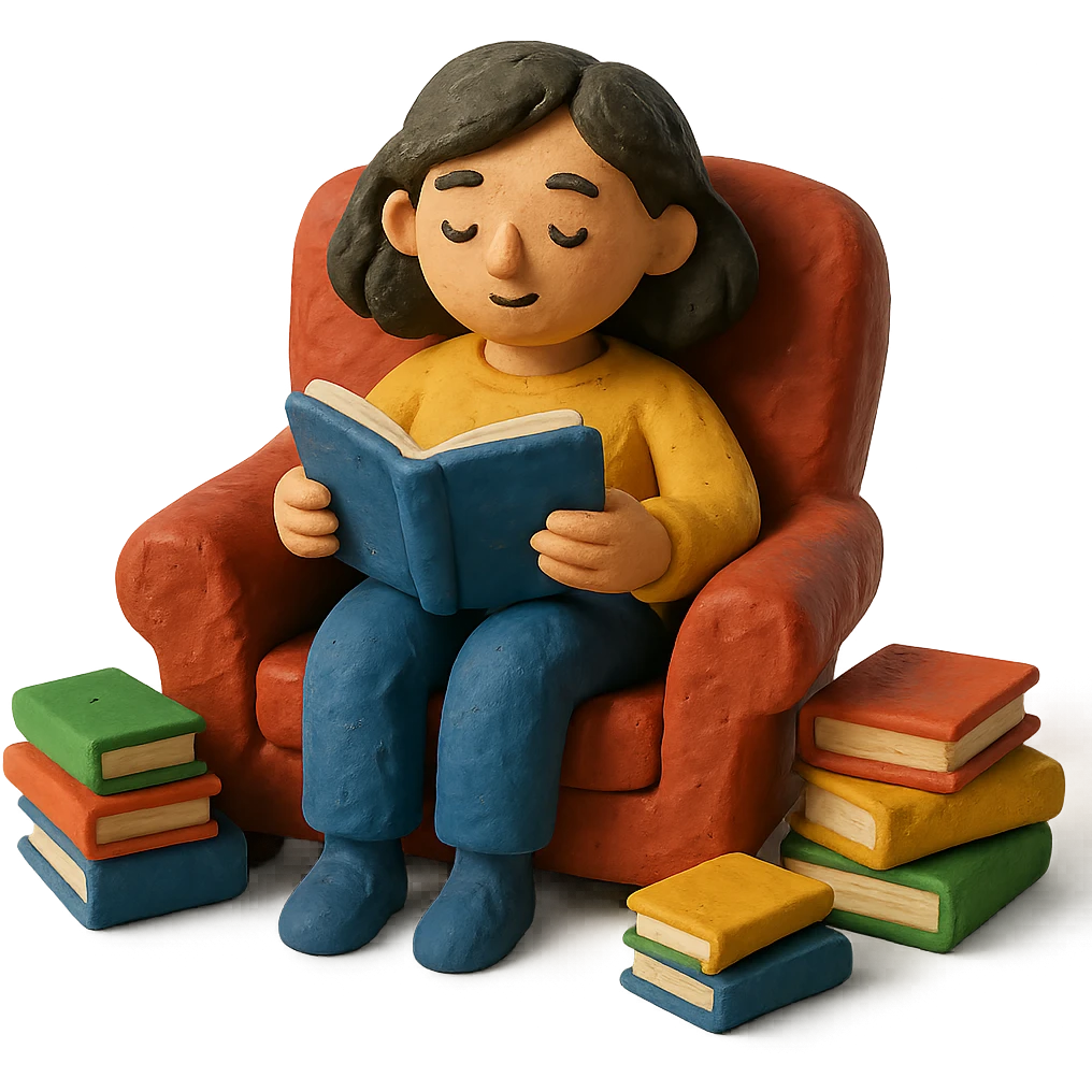woman in a comfy chair, surrounded by books, claymation style emoji