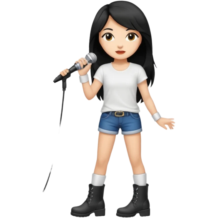 Crie uma cantora morena charmosa de shortes top e bota com microfone branca e cabelo preto emoji