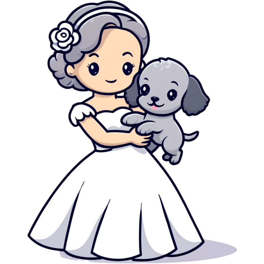 beautiful girl in a wedding dress hugging a small gray poodle emoji