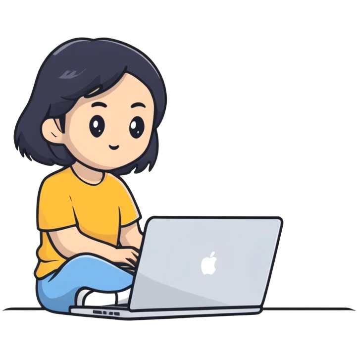 Asian girl with black hair sitting and watching a MacBook laptop emoji