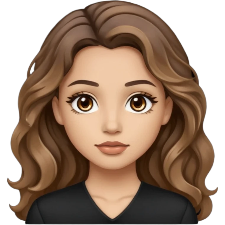 brown balayage hair long wawy (not to much curly/not afro), light skin tone, brown eyes, not too skinny, black outfit, beauty mark on  the left side of the face next to the lip

 emoji