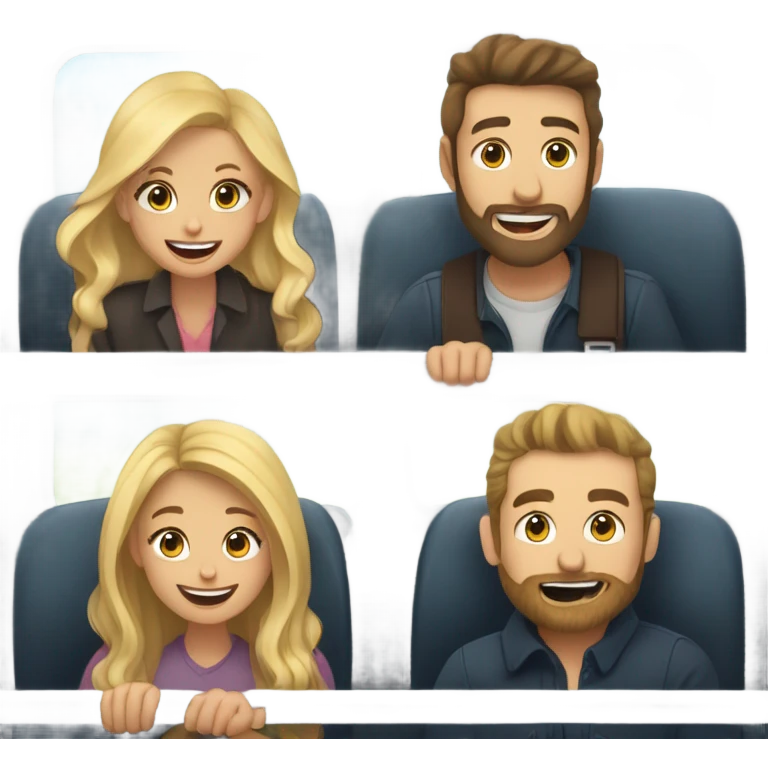 A woman with long dark hair and a woman with long blond hair, a bearded man with long dark hair and a man with short blond hair and sunglasses sitting in a booth on a train laughing . They are all white emoji
