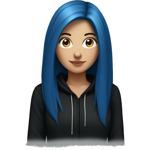 white girl with long straight dark blue hair wearing black hoodie emoji