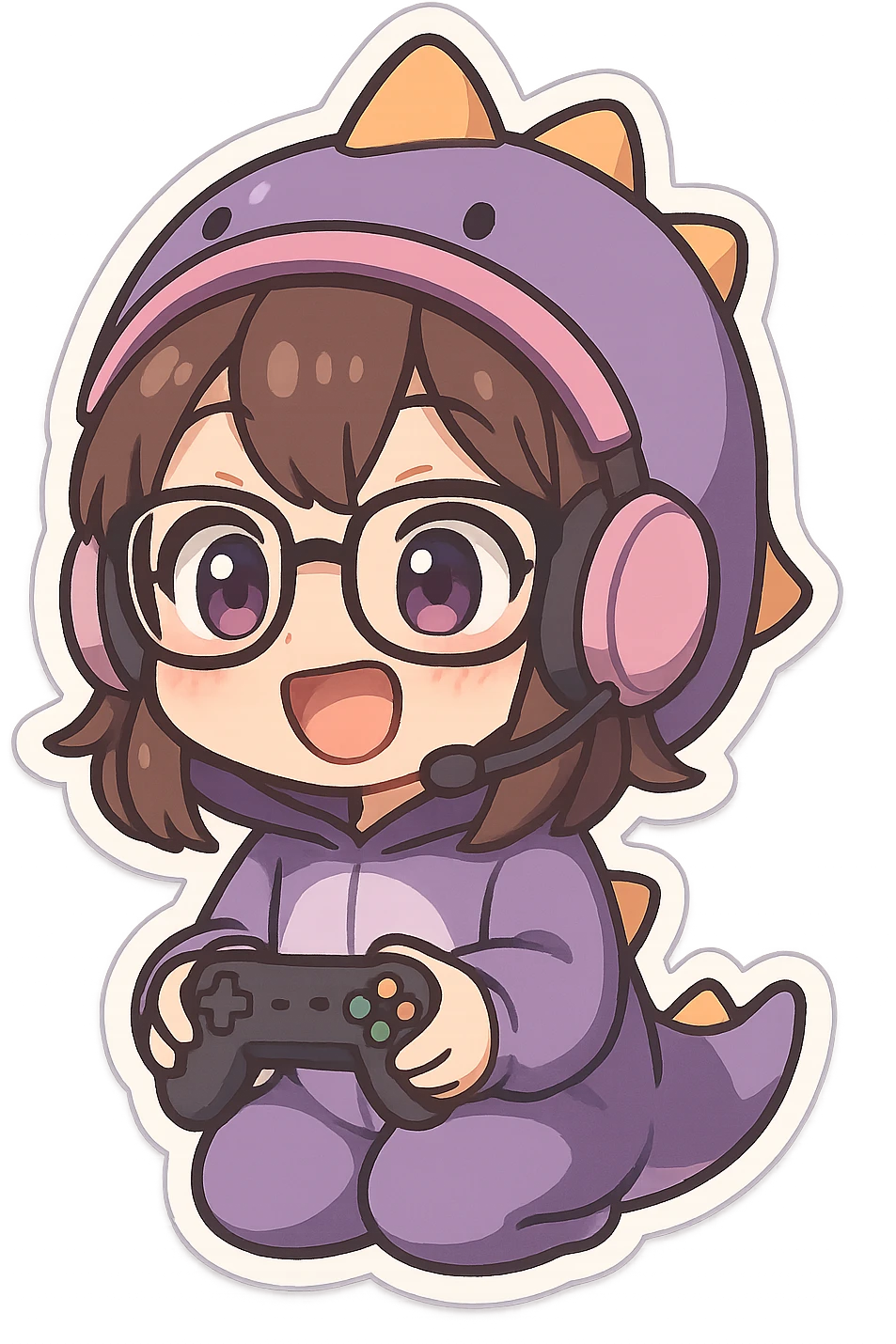 chibi anime style gamer girl with glasses, brown hair, dark purple eyes, wearing a purple dinosaur costume, excited emote, no controller emoji
