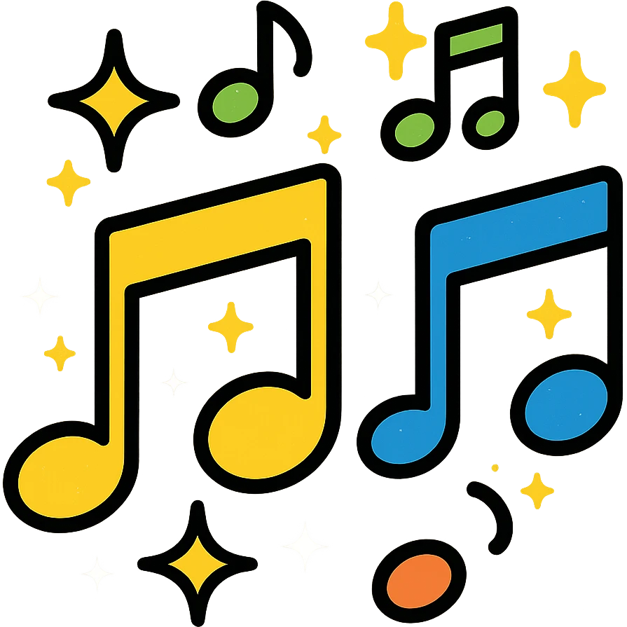Add sparkling effects to the colorful music notes, keep the lineal color icon style with black outlines, vibrant and playful. emoji