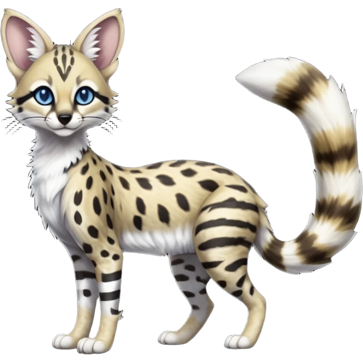 beautiful elegant spotted hype-realistic, black-maned, vibrant yellow Genet-Serval-Sergal-Margay-Fox-fusion-hybrid-furry-fursona, full body, with a long puffy fluffy black-and-white-striped tail, black long big ears, with natural blue eyes emoji