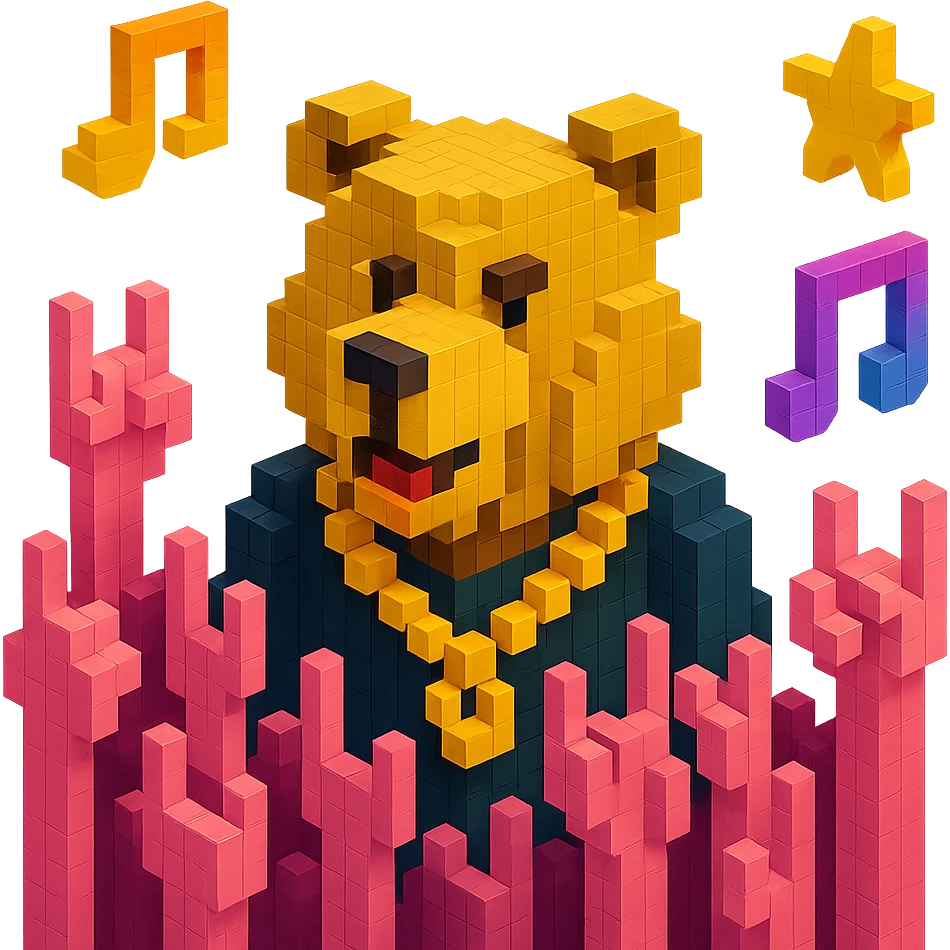 Russian grizzly bear with a rapper chain in a concert crowd emoji