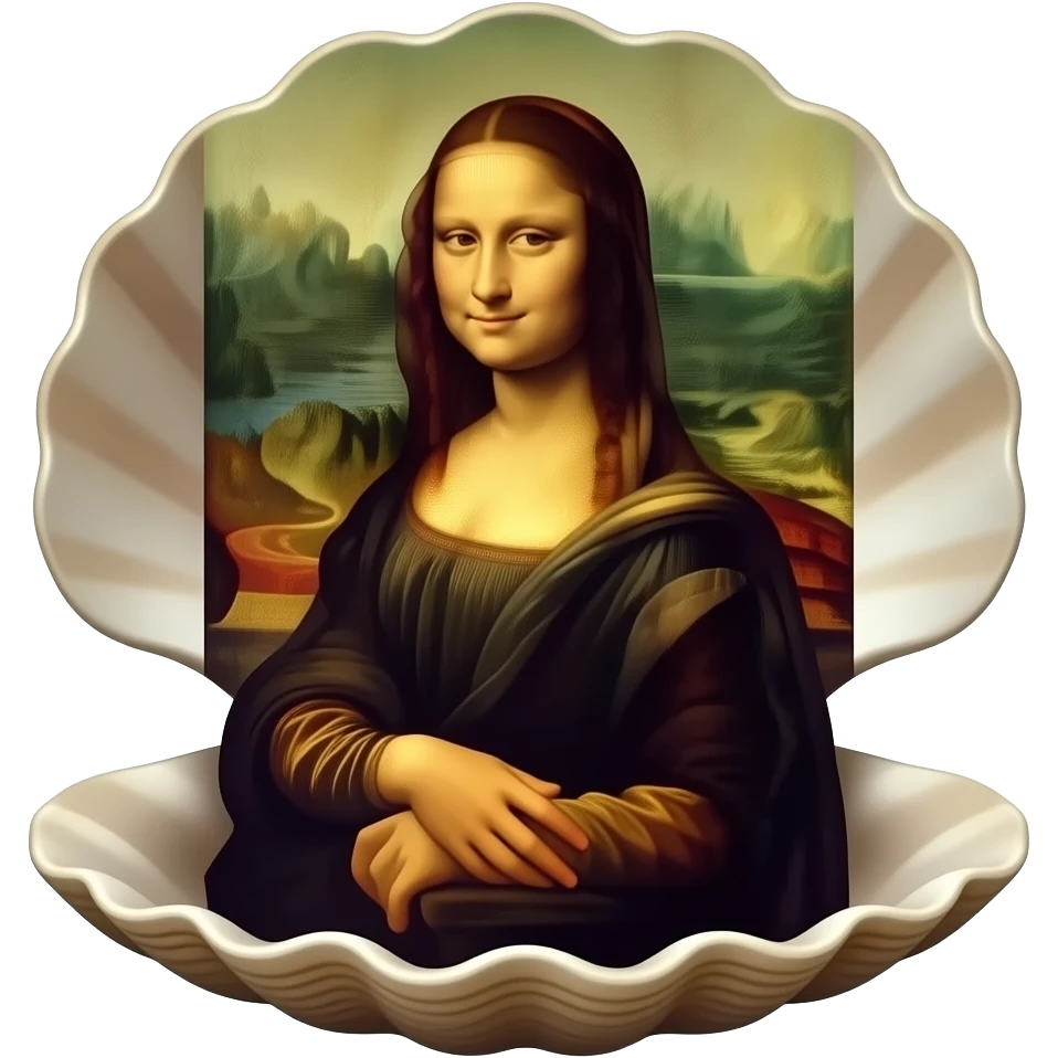 steampunk - the ethereal body of Venus from Sandro Botticelli's painting, standing in a decaying shell, but with the face of Da Vinci's Mona Lisa emoji