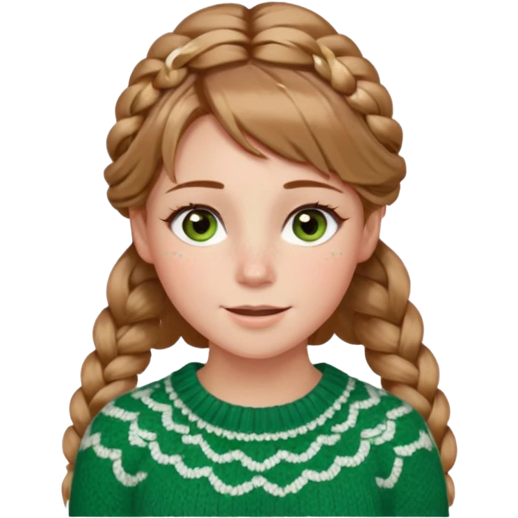 light brown hair blonde hair hazel/green eyes woman with a white cable knit sweater and one braid down her back  with tendrils of hair flowing down her face and she is happy pale, some freckles, blush. she has a cateye wing and long lashes emoji