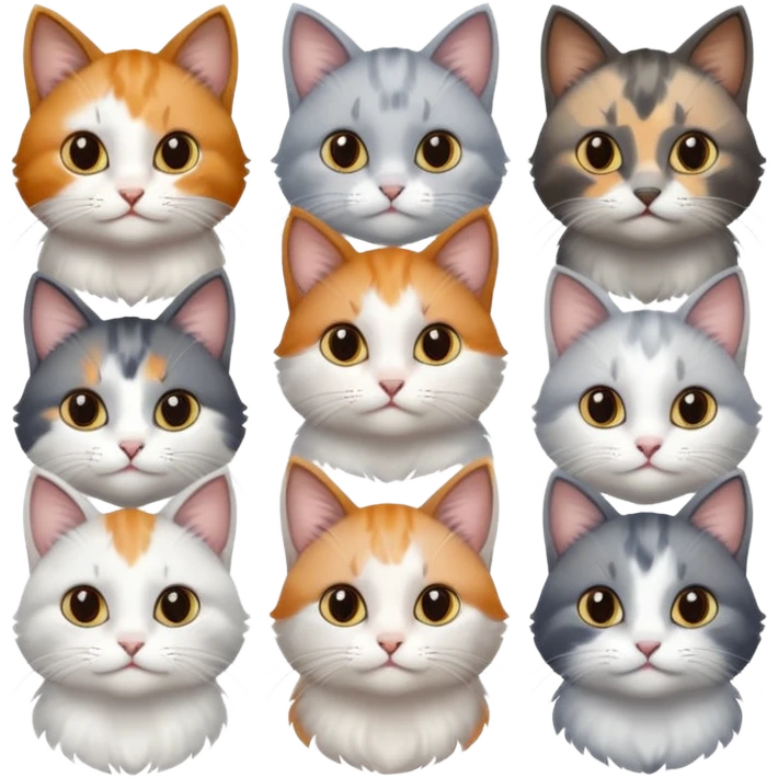 6 realistic looking cats with different natural coloured coats, assorted grey and white, greys, calico, brown and white colours etc
 emoji