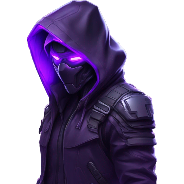 Side view developer behind his laptop with this style : crysis Cyberpunk Valorant neon glowing bright purple character purple violet black hooded assassin themed character emoji
