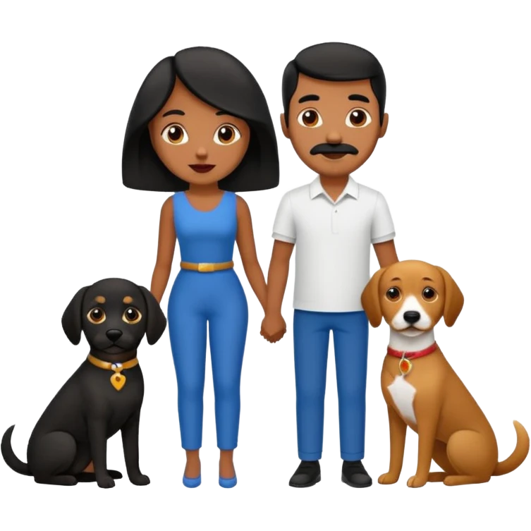 Pareja de novios, pelo negro ambos, y con dos perritos pincher en brazos, el hombre sin bigote y la mujer con pelo largo emoji