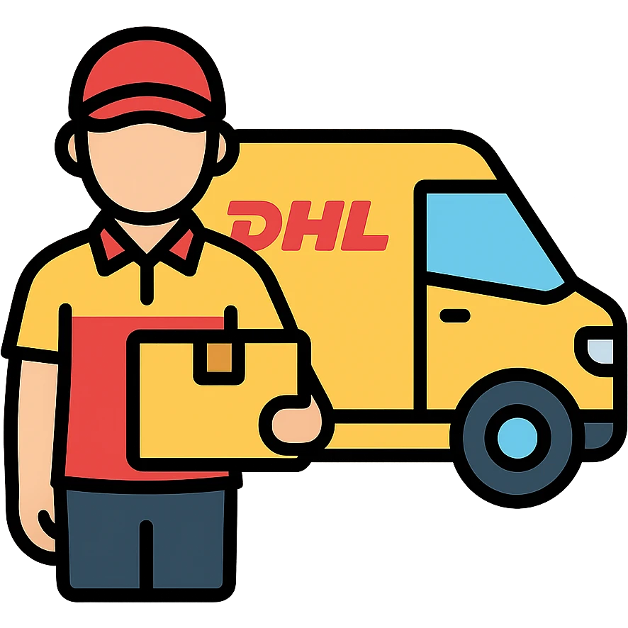 DHL delivery person in red and yellow uniform standing next to a DHL van, icon style emoji