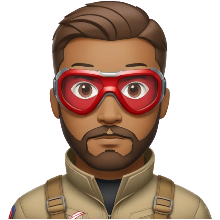 sam wilson with very short hair, close to the scalp and  a well-groomed beard that connects to his mustache,  wear sleek, red-tinted tactical goggles fit snugly from captain america: civil war emoji