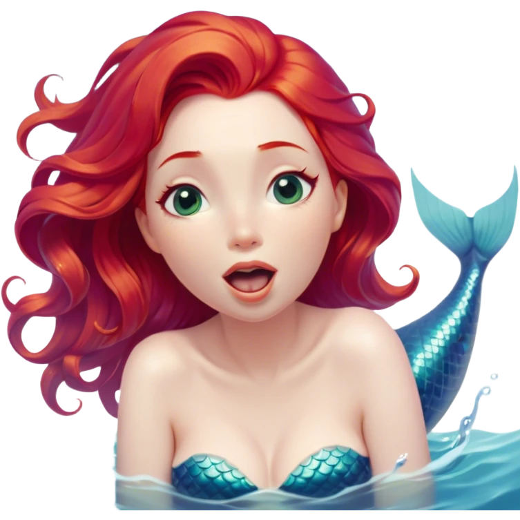 Cinematic Realistic Red Hair Mermaid Portrait, head tilted slightly with a dramatic, wide-open yawn, revealing a tender, relaxed visage with delicately detailed porcelain skin and vibrant, cascading red hair softly billowing around her. Her dreamy eyes exude a serene, aquatic charm, rendered with gentle underwater lighting and high shine—capturing the essence of a drowsy yet mesmerizing mermaid drifting into a tranquil slumber beneath the sea. emoji